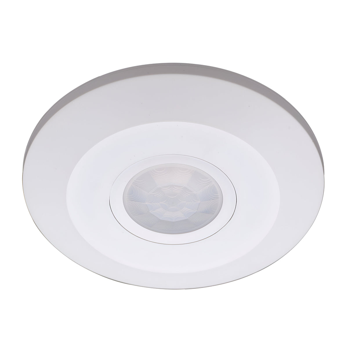 The Energizer Ceiling Light With PIR Sensor - White showcases a stylish circular white design with a central dome lens adorned with concentric rings, offering a sleek and modern aesthetic. The integrated PIR sensor increases energy efficiency by automatically detecting movement in the room.