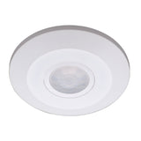 The Energizer Ceiling Light With PIR Sensor - White showcases a stylish circular white design with a central dome lens adorned with concentric rings, offering a sleek and modern aesthetic. The integrated PIR sensor increases energy efficiency by automatically detecting movement in the room.