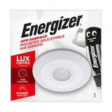 The packaging of the Energizer Ceiling Light With PIR Sensor - White highlights its energy efficiency with Lux, Time, and Range Controls. A smiling battery character is featured on the right side of the box.