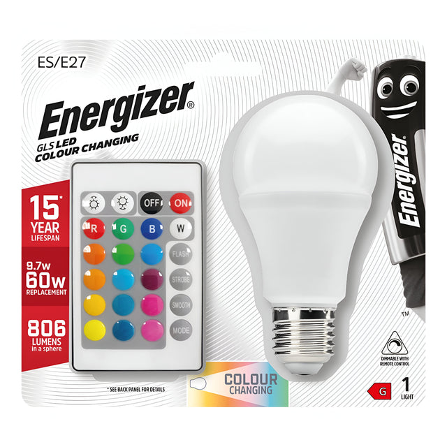 Image of an Energizer 9.7W Non-Dimmable LED GLS Bulb - E27 featuring RGB+W technology and remote control. The packaging emphasizes a 15-year lifespan, 806 lumens brightness equivalent to a 60W bulb, and includes a remote with options for on/off, dimming, and various modes.