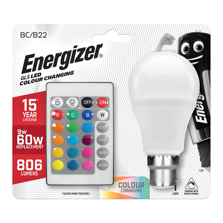 The Energizer 9W Non-Dimmable LED GLS Bulb - B22, RGB+W with Remote Control features a package adorned with a smiling cartoon battery and includes a remote control for vibrant colors and customizable ambiance. It offers adjustable intensity settings, boasts a 15-year lifespan, consumes 9 watts as an efficient replacement for traditional 60-watt bulbs, and delivers 806 lumens.