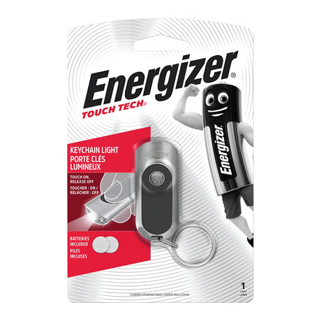 The Energizer Keychain LED Touch 20 Lumen - Batteries Included, equipped with advanced Touch Tech technology for effortless touch-on/off functionality, features a design with a cartoon battery character in a friendly pose and prominently displays the Energizer logo.