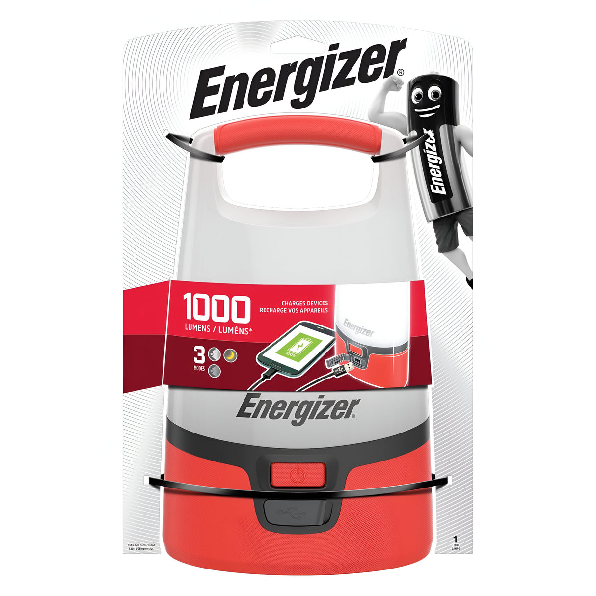 The Energizer Camping LED Lantern 1000 Lumen - Powerbank Included features eye-catching red and white packaging adorned with a vibrant cartoon character, showcasing its impressive 1000 lumens. This lantern highlights its sturdy build, offers an adjustable dimming function, is rechargeable with device charging capabilities, and assures a runtime of up to 3 years.