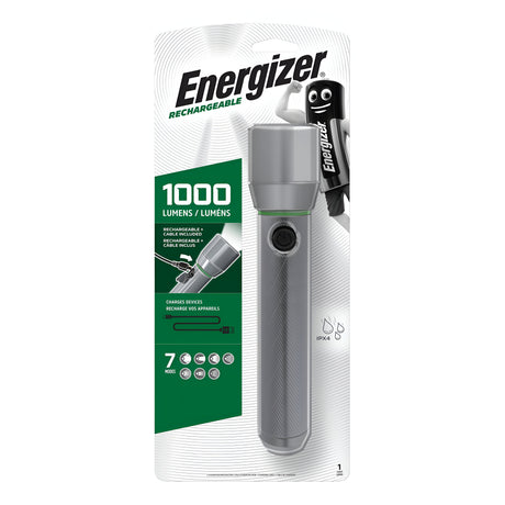 The packaging for the Energizer Rechargeable Vision HD Metal LED Torch 1000 Lumen includes details such as its 1000 lumen brightness, water resistance rating of IPX4, and MAXVIZ technology, along with its 7 light modes. It is made from aircraft-grade aluminum. The packaging features an image of the torch with a small figure in the top right corner.