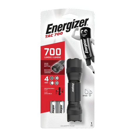 The packaging highlights the Energizer Durable LED Torch 700 Lumen - Batteries Included, made from robust aircraft-grade aluminum. It offers 700 lumens, a rear push button, four modes, and a removable clip. The design accentuates the torch and its two included batteries, with IPX4 water resistance prominently noted.