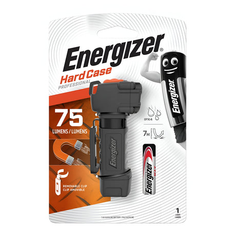 Packaging of an Energizer Hardcase Compact LED Torch with 75 lumens, IPX4 weather resistance, a 7-meter beam distance, and a removable clip. This versatile flashlight comes with included batteries and features an illustration of a battery mascot.