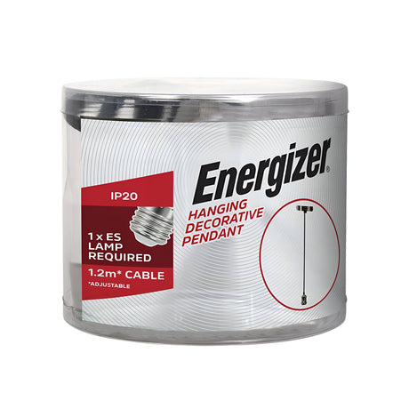 The packaging for the Energizer 1.2m Adjustable Pendant - Brushed Chrome showcases a white and red color scheme, emphasizing energy efficiency. It includes an IP20 rating, requires one ES lamp, and comes with a 1.2m adjustable cable to stylishly illuminate any space.