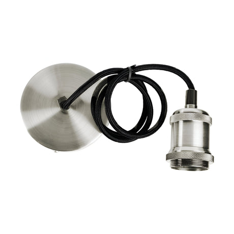 The Energizer 1.2m Adjustable Pendant - Brushed Chrome is a sleek pendant light showcasing a brushed metal finish. It features a cylindrical bulb socket connected to a round ceiling mount, complemented by an elegantly coiled black braided cord that adds both charm and energy efficiency.