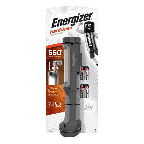 The packaging of the Energizer Hardcase Pro Worklight LED Torch, designed as a work light, highlights its 550 lumens brightness using advanced LED technology and boasts an impressive 7-meter impact resistance. It comes with three included batteries for immediate use.