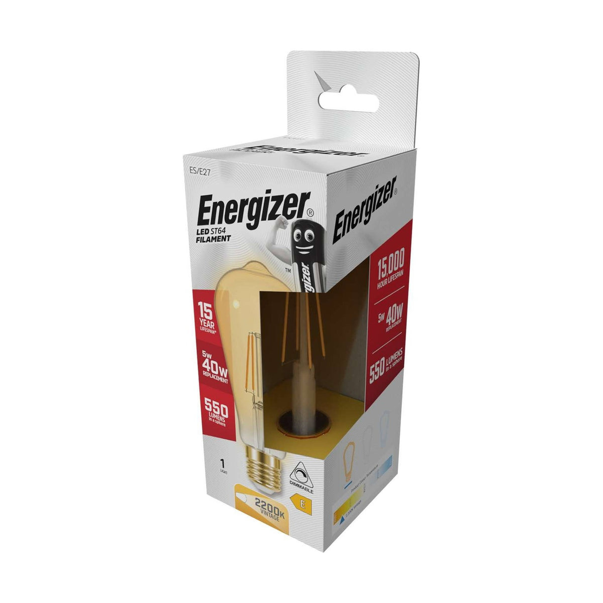 E27 (ES) LED Filament ST64 Bulb 5W 550lm Dimmable - Gold 2200K retail pack