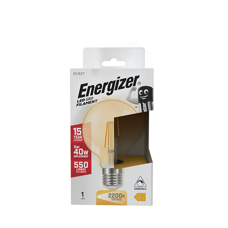 The packaging of the Energizer 5W G80 Dimmable LED Globe Gold Filament Bulb emphasizes its vintage-inspired design, featuring a warm white 2200K color. This energy-saving bulb, designed to replace a 40W bulb, offers a brightness of 550 lumens and boasts an impressive lifespan of up to 15 years. A charming battery character is featured in the top right corner.