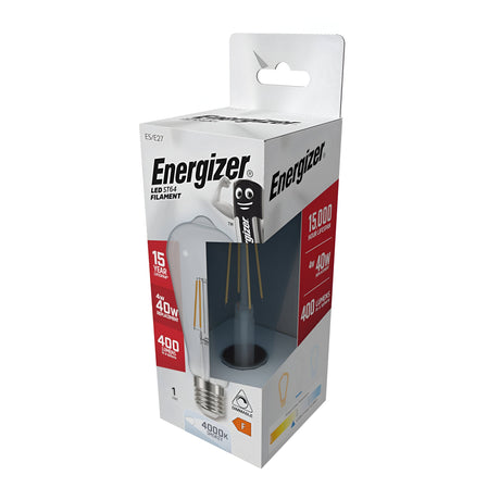 The Energizer 4W Dimmable LED ST64 Filament Bulb, presented in a smoky, cool white hue with an E27 base and a 4000K color temperature, epitomizes vintage charm. Each bulb delivers 400 lumens of brightness and is equivalent to a traditional 40W bulb. With an impressive lifespan of 15,000 hours—or up to 15 years of use—this bulb combines style and efficiency. Its packaging features the bulb's image along with its energy efficiency rating of F.