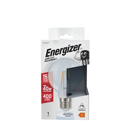 The packaging of the Energizer 4W G80 Dimmable LED Globe Filament Smokey Bulb - Cool White highlights its remarkable 15-year lifespan, 400 lumens brightness, and dimmable features. With an elegant smoky glass finish at 4000K, the box displays a cheerful bulb character alongside captivating product images.