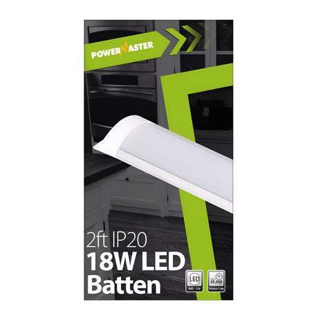 The packaging for the PowerMaster 2ft 18W LED Batten - 4,000K, Cool White highlights its energy-efficient lighting with visuals depicting a 25,000-hour lifespan. The design incorporates a green and black color scheme alongside an arrow pointing right, emphasizing its cool white light technology.