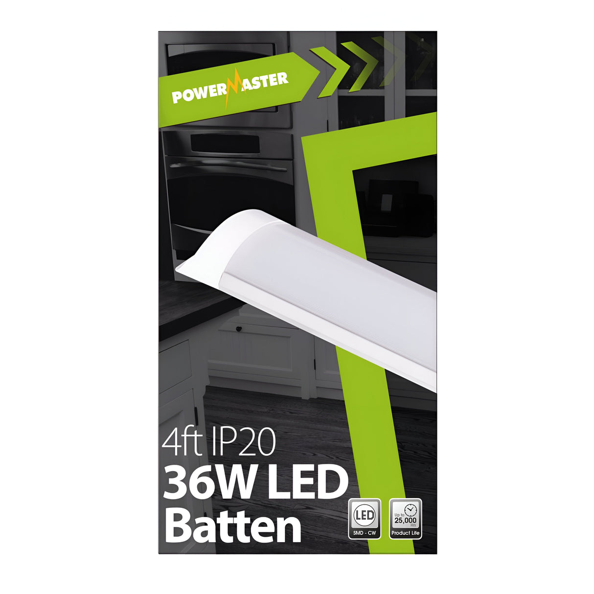 The packaging of the PowerMaster 4ft 36W LED Batten - 4,000K, Cool White displays an image of the energy-efficient batten emitting cool white light in a modern kitchen. It includes icons representing LED lighting, a 140° beam angle, and a lifespan of 25,000 hours.