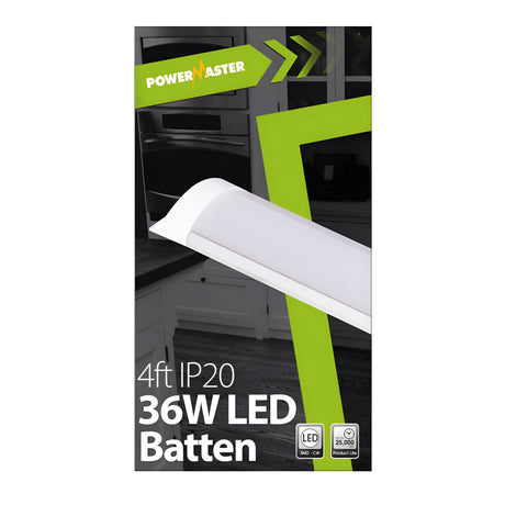 The packaging of the PowerMaster 4ft 36W LED Batten - 4,000K, Cool White displays an image of the energy-efficient batten emitting cool white light in a modern kitchen. It includes icons representing LED lighting, a 140° beam angle, and a lifespan of 25,000 hours.
