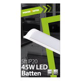 The packaging for the PowerMaster 5ft 45W LED Batten - 4,000K, Cool White features an image of the light fixture accompanied by icons that emphasize its energy-efficient lighting capabilities and an impressive lifespan of 25,000 hours. The green and black design is enhanced with white text that assures easy installation.