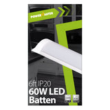 The packaging of the PowerMaster 6ft 60W LED Batten - 4,000K, Cool White prominently displays a large image of the batten light alongside its specifications, featuring energy-efficient LED technology, 5400 lumens brightness, and an impressive lifespan of 25,000 hours. The sleek design is enhanced by green and black accents.