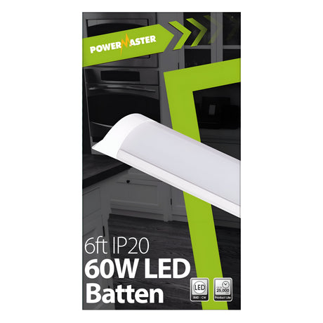 The packaging of the PowerMaster 6ft 60W LED Batten - 4,000K, Cool White prominently displays a large image of the batten light alongside its specifications, featuring energy-efficient LED technology, 5400 lumens brightness, and an impressive lifespan of 25,000 hours. The sleek design is enhanced by green and black accents.