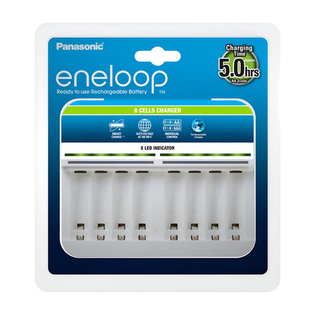 The image displays the packaging for the Panasonic Eneloop 8 Cell Charger for AA/AAA, designed to support global voltage inputs. It includes an LED indicator and provides a 5-hour charging time for rechargeable AA and AAA batteries, ensuring you're always prepared to power up.