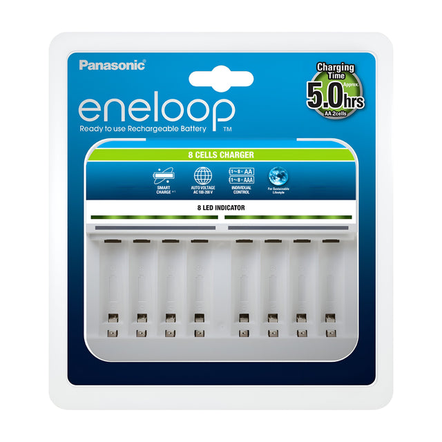 The image displays the packaging for the Panasonic Eneloop 8 Cell Charger for AA/AAA, designed to support global voltage inputs. It includes an LED indicator and provides a 5-hour charging time for rechargeable AA and AAA batteries, ensuring you're always prepared to power up.