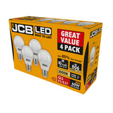 The JCB 8.5W Non-Dimmable LED GLS Bulb - Warm White, E27, 3000K (4 Pack) offers features like 85% energy savings and a warm white light with a lifespan of up to 10 years, emitting 806 lumens as a replacement for traditional 60W bulbs. This energy-efficient lighting solution is packaged in yellow boxes featuring images of the bulbs.