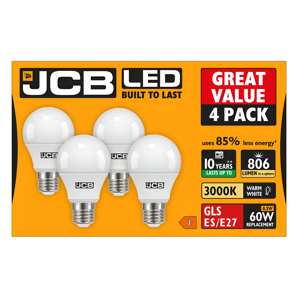 The JCB 8.5W Non-Dimmable LED GLS bulbs, in a warm white tone of 3000K, provide energy-efficient lighting with a cozy glow. This value-packed 4-pack includes four E27 bulbs that use 85% less energy and deliver 806 lumens with an impressive lifespan of up to 10 years. They are an ideal replacement for traditional 60W bulbs and are truly Built to Last.