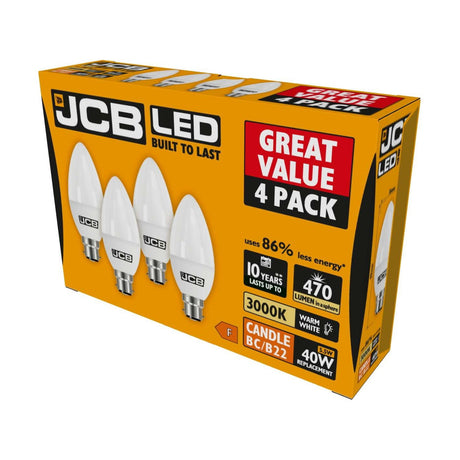 B22 (BC) LED Candle Bulb 5.5W 470lm - Warm White 3000K, 4 Pack retail pack