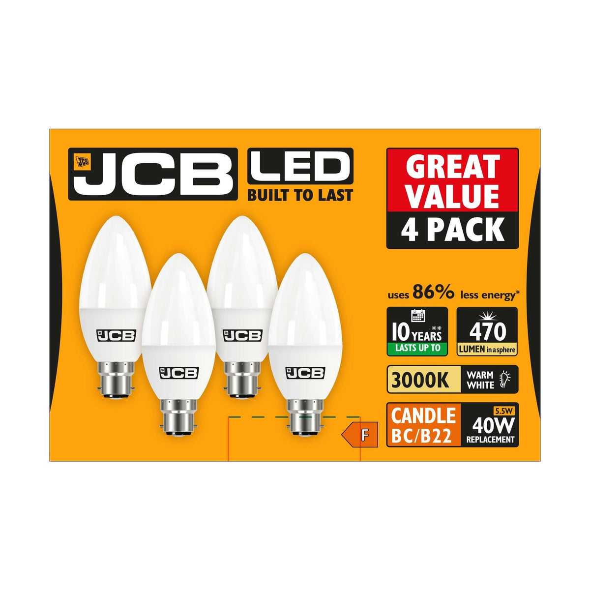 B22 (BC) LED Candle Bulb 5.5W 470lm - Warm White 3000K, 4 Pack retail pack