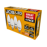 The JCB 5.5W Non-Dimmable LED Candle Bulb - Warm White, B22, 3000K (4 Pack) packaging includes four energy-efficient lighting bulbs and highlights features such as using 86% less energy, providing warm white light at 3000K with a brightness of 470 lumens, a lifespan of up to 15 years, and serving as a replacement for traditional 40W bulbs. The packaging is designed in yellow and red with bold text.
