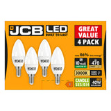 Picture of a JCB LED Candle Bulb 4-pack with small Edison screw (E14) bases. The dynamic orange and black packaging emphasizes a 10-year lifespan, providing warm white light at 3000K and delivering a brightness of 470 lumens. These bulbs are equivalent to 40W while consuming 86% less energy.