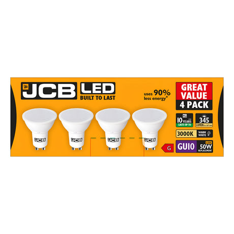 A box of four JCB 4.9W GU10 Non-Dimmable LED Bulbs in warm white is showcased. The packaging emphasizes features such as a 90% energy savings, a lifespan of 10 years, brightness of 345 lumens, and a color temperature of 3000K. This energy-efficient lighting is presented in an attractive orange and black design.