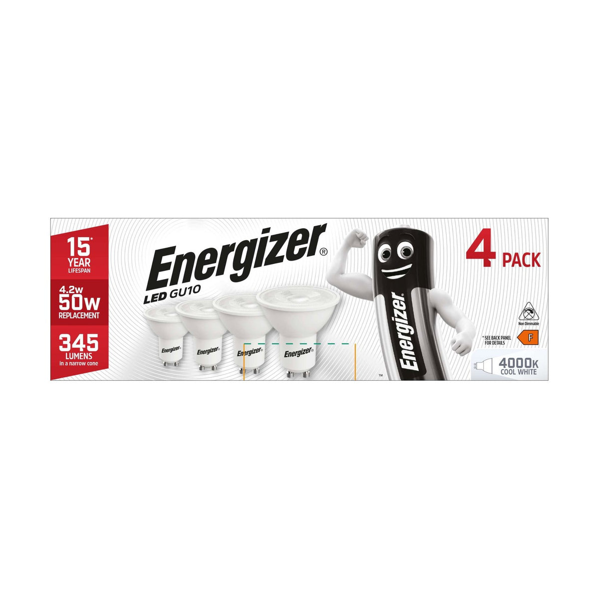 GU10 LED Bulb 4.2W 345lm Non-Dimmable - Cool White 4000K, 4 Pack retail pack