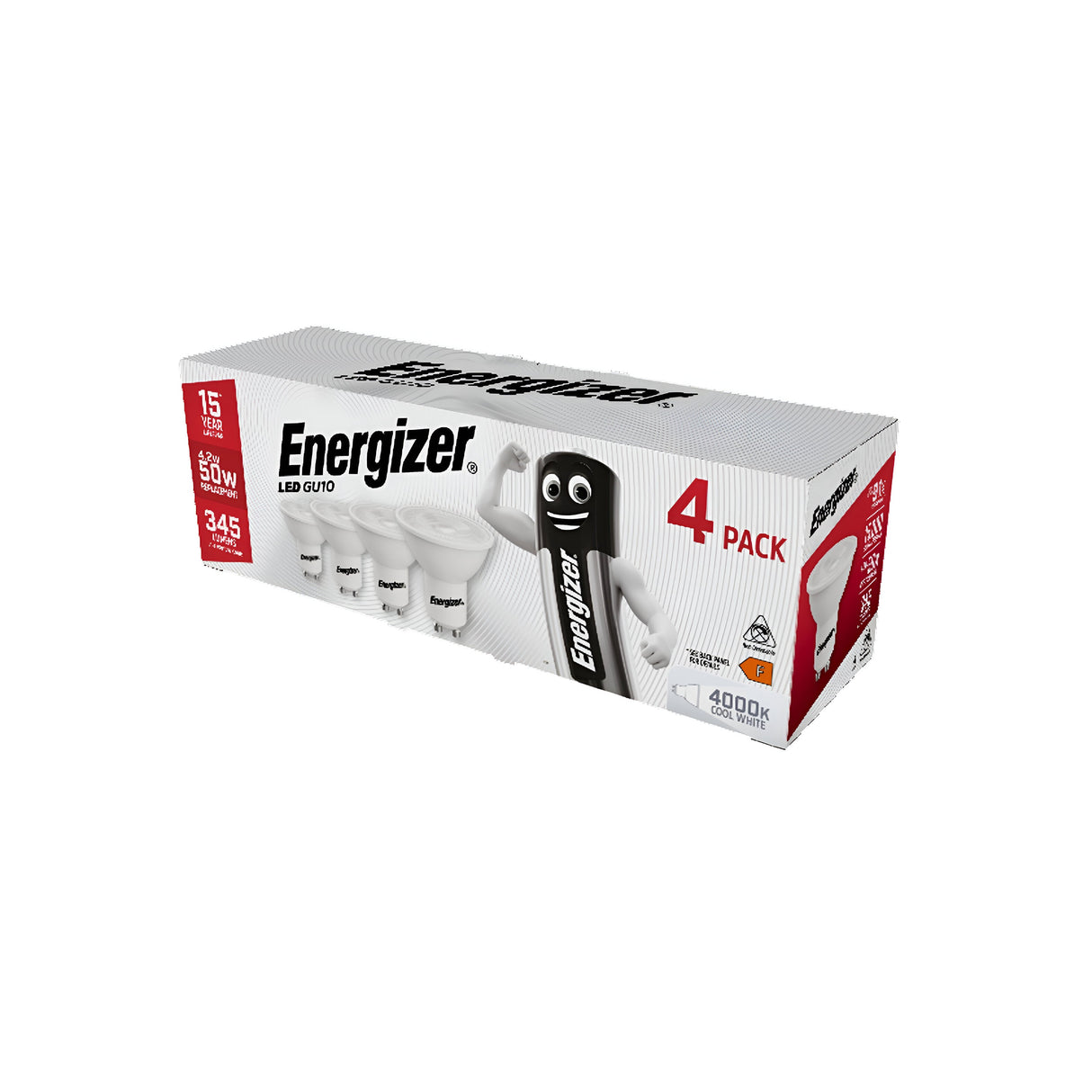 The packaging of the Energizer 4.9W GU10 Non-Dimmable LED Bulb - Cold White, 4000K (4 Pack) features the iconic Energizer mascot. These LED bulbs provide up to 15,000 hours of use and offer energy savings, delivering bright Cool White Light at 345 lumens with a crisp color temperature of 4000K, equivalent to a traditional 50W bulb.