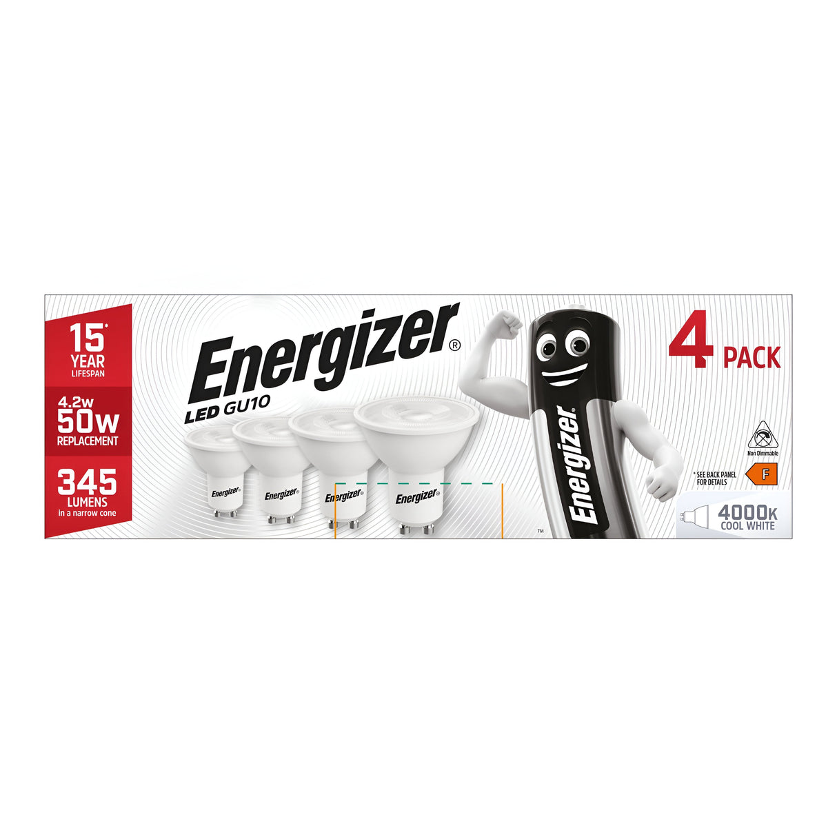 The packaging of the Energizer 4.9W GU10 Non-Dimmable LED Bulbs displays a cartoon battery character and emphasizes energy savings with a lifespan of up to 15 years. The box showcases its ability to replace a 50W bulb, offers 345 lumens, and provides cold white light at 4000K. This pack contains four LED bulbs for efficient lighting.