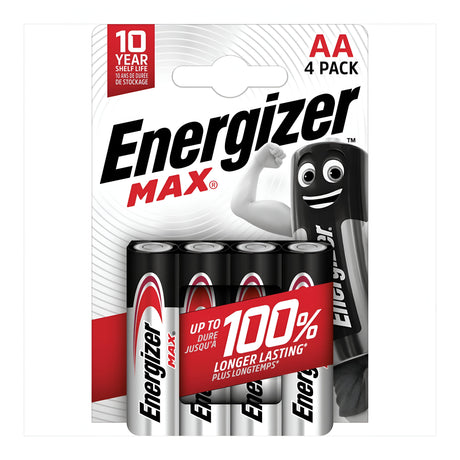 Energizer Max AA LR6 Alkaline Batteries (4 Pack) come with packaging showcasing a black and white mascot. The label emphasizes their 100% longer-lasting power and a 10-year shelf life, attributed to their leak-resistant construction.