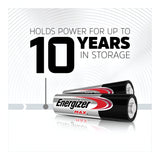 Displayed against a sleek white and gray background are four Energizer Max C LR14 alkaline batteries, with text above them stating, Holds power for up to 10 years in storage, emphasizing their long-lasting energy.