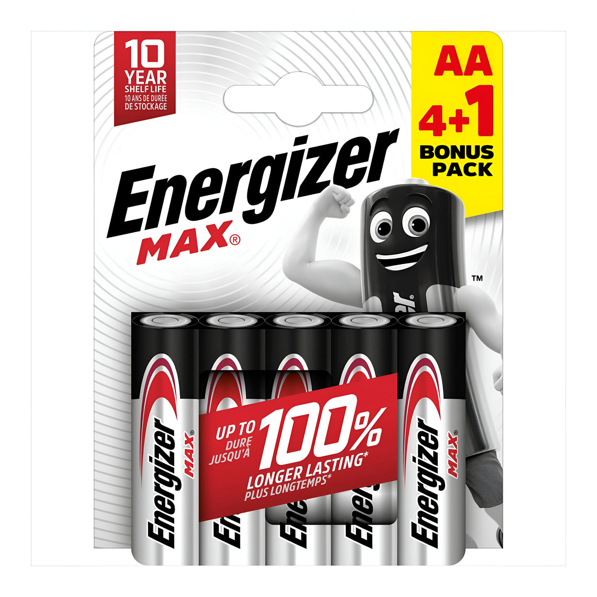 The Energizer Max AA LR6 Alkaline Batteries (4+1 Pack) are celebrated for their long-lasting power and leak-resistant design, offering a 10-year shelf life. This pack comes with a bonus battery and showcases the friendly Energizer mascot, a cartoon battery character with a smiling face and arms.