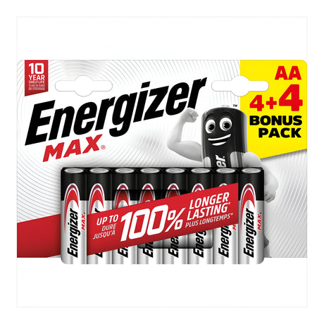 The Energizer Max AA LR6 Alkaline Batteries (4+4 Pack) offer long-lasting power and a leak-resistant design. The packaging, featuring a cheerful battery character flexing an arm, highlights its impressive 10-year shelf life to keep your devices energized for longer.