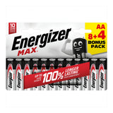 The Energizer Max AA LR6 Alkaline Batteries (8+4 Pack) showcase a black mascot on the packaging and consist of 8 batteries with 4 additional ones as a bonus, providing up to twice the lasting power. These trusted AA batteries offer an impressive 10-year shelf life, guaranteeing energy availability whenever required.