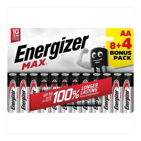 The Energizer Max AA LR6 Alkaline Batteries (8+4 Pack) showcase a black mascot on the packaging and consist of 8 batteries with 4 additional ones as a bonus, providing up to twice the lasting power. These trusted AA batteries offer an impressive 10-year shelf life, guaranteeing energy availability whenever required.