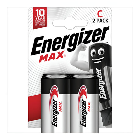 The packaging for Energizer Max C LR14 Alkaline Batteries (2 Pack) showcases a cartoon battery character with arms and a cheerful smile. The label emphasizes the Advanced Leak-Resistant Technology and guarantees a 10-year shelf life.