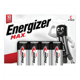The packaging of the Energizer Max C LR14 Alkaline Batteries (4 Pack) features a cheerful cartoon battery character with arms and legs, smiling as it holds two alkaline batteries. This lively design highlights the long-lasting energy of the batteries and mentions a 10-year shelf life guarantee.