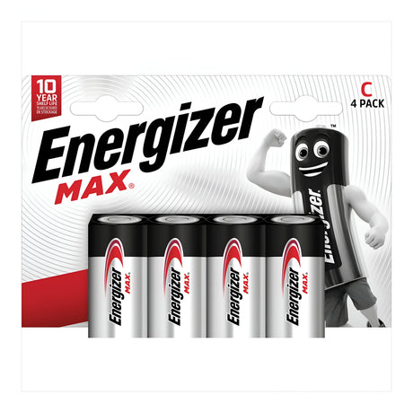 The packaging of the Energizer Max C LR14 Alkaline Batteries (4 Pack) features a cheerful cartoon battery character with arms and legs, smiling as it holds two alkaline batteries. This lively design highlights the long-lasting energy of the batteries and mentions a 10-year shelf life guarantee.