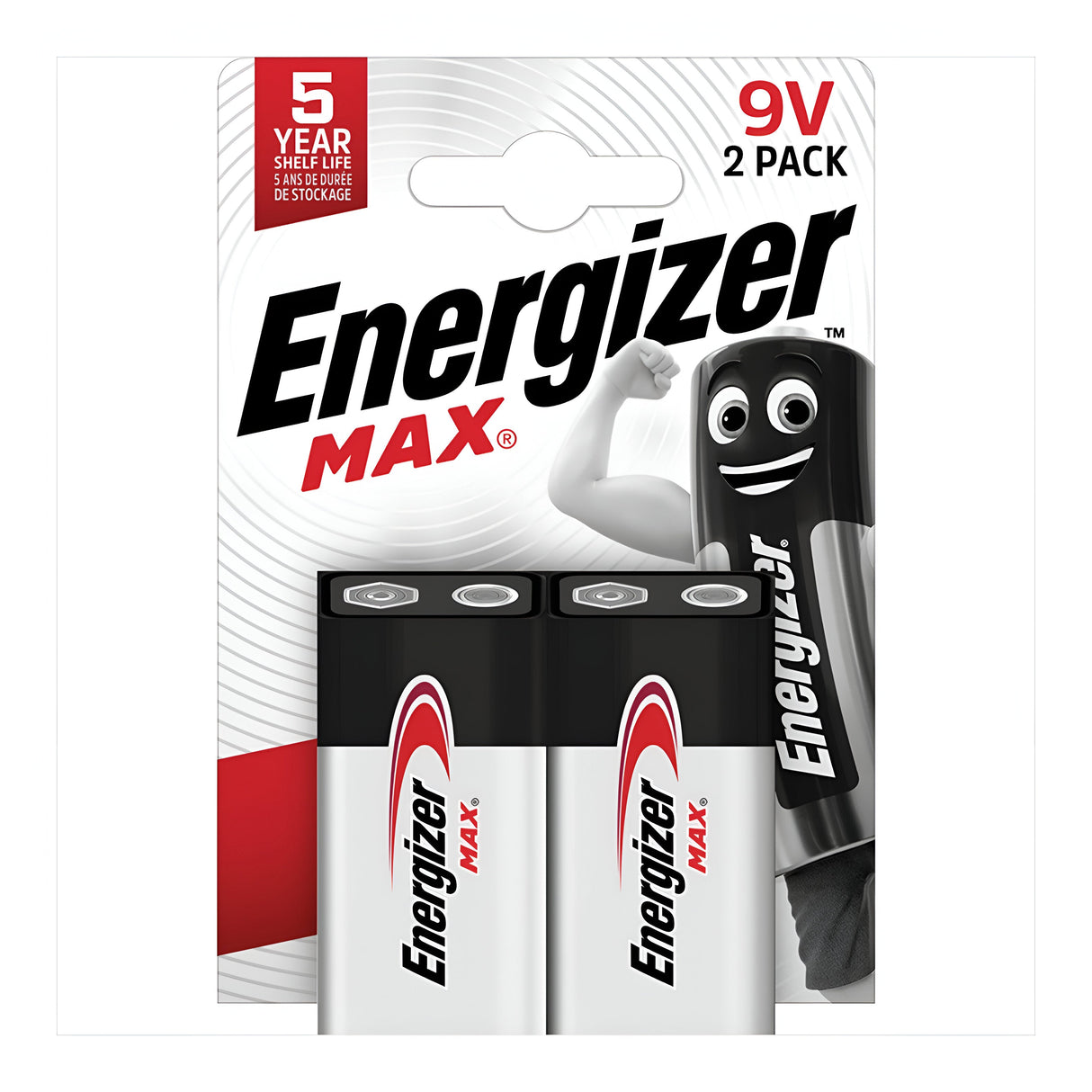 The Energizer Max 9V PP3 6LR61 Alkaline Batteries (2 Pack) feature a cartoon battery character flexing its bicep, offering long-lasting power and a reliable 5-year shelf life for your essential devices.