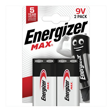 The Energizer Max 9V PP3 6LR61 Alkaline Batteries (2 Pack) feature a cartoon battery character flexing its bicep, offering long-lasting power and a reliable 5-year shelf life for your essential devices.