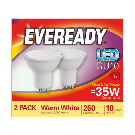 GU10 LED Bulb 3.1W 250lm Non-Dimmable - Warm White 3000K, 2 Pack retail pack