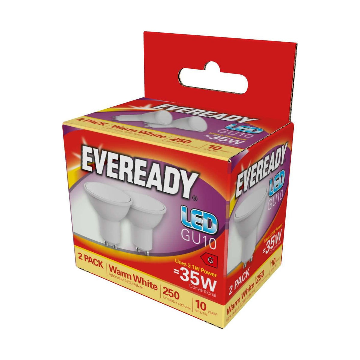 GU10 LED Bulb 3.1W 250lm Non-Dimmable - Warm White 3000K, 2 Pack retail pack