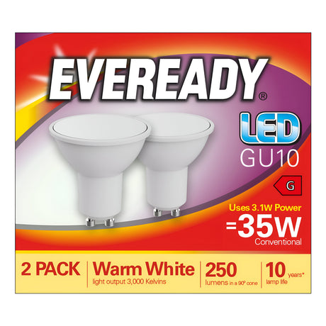 The packaging for the Eveready 3.1W GU10 Non-Dimmable LED Bulb - Warm White, 3000K (2 Pack) highlights warm white illumination and includes two energy-efficient bulbs. These bulbs are equivalent to a conventional 35W bulb, use only 3.1W of power, emit light at 3000K with a brightness of 250 lumens, feature a wide beam angle of 90°, and offer a dependable lamp life of up to 10 years.