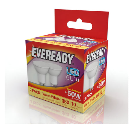 The Eveready 4.2W GU10 non-dimmable LED bulbs in warm white, 3000K, come in a 2-pack and offer red and orange hues. These energy-efficient bulbs deliver the equivalent of 50W conventional power with a GU10 base, producing 350 lumens and boasting a lifespan of 10,000 hours.